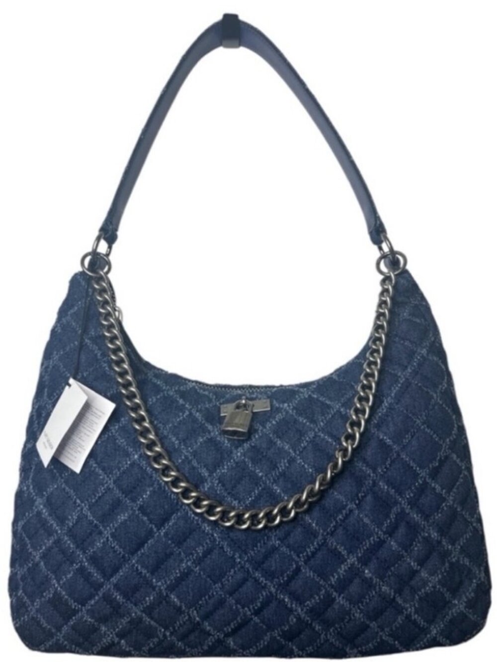 Kurt Geiger Brixton Large Blue Denim Quilted Hobo Bag Purse Chain Strap Lock NWT